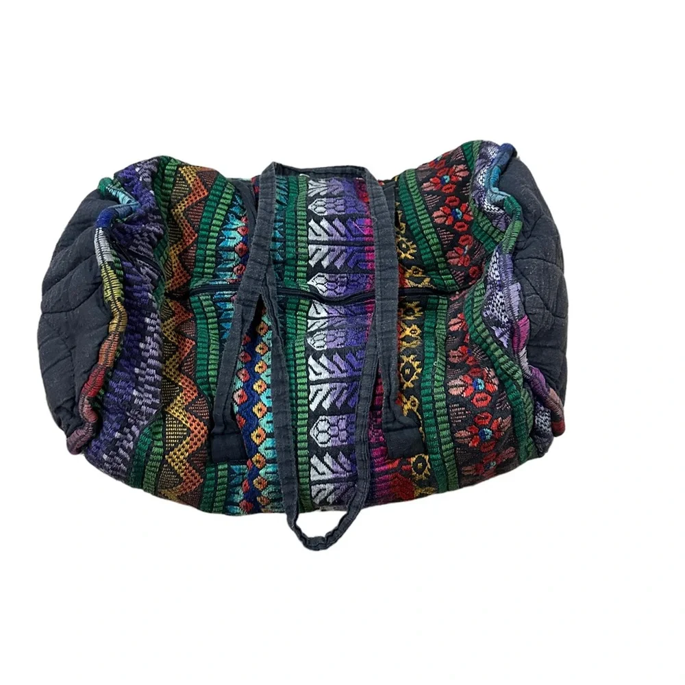 Vintage Guatemalan Duffel Bag Cotton Embroidered Barrel Shape Colorful